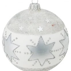 Krebs Glas Lauscha Weiß/Silber 10cm Glaskugel mit Sternen