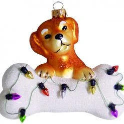 Krebs Glas Lauscha Hund mit Knochen & Lichtkette 9cm
