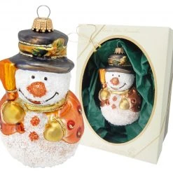 Krebs Glas Lauscha 9cm Schneemann mit Besen/Hut aus Glas