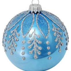 Krebs Glas Lauscha Blau 8cm Glaskugel mit Blumenmuster