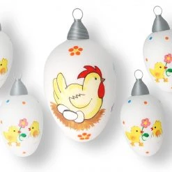 Krebs Glas Lauscha Ostereier weiß mit Henne und Küken