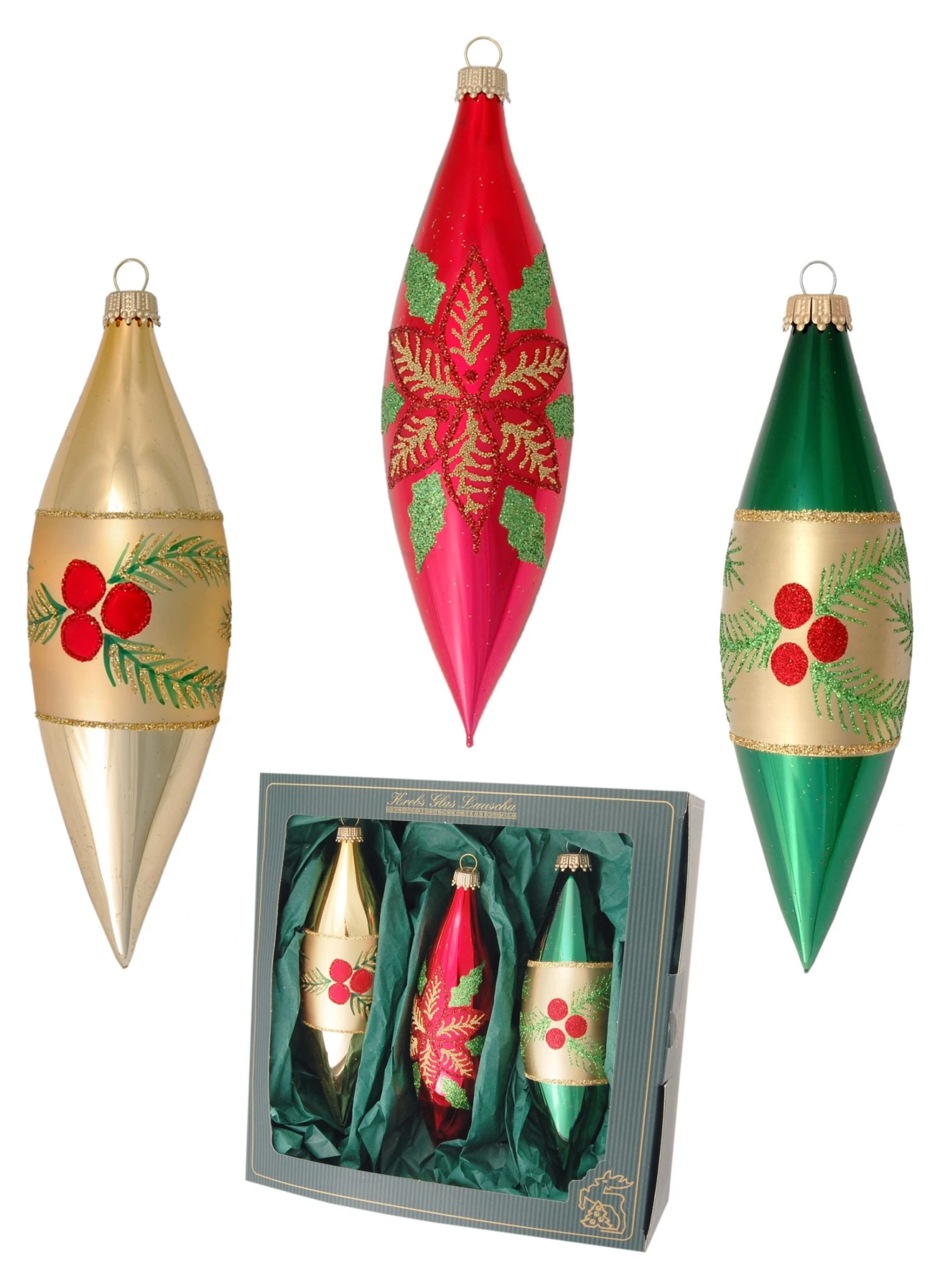 Krebs Glas Lauscha Rot, Gold, Grün 15cm Olivenform aus Glas 3 Krebs Glas Lauscha Rot, Gold, Grün 15cm Olivenform aus Glas