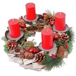 Adventskranz HWC-H49 Holz mit Kerzen rot - Inkl. 4x Kerzen rot