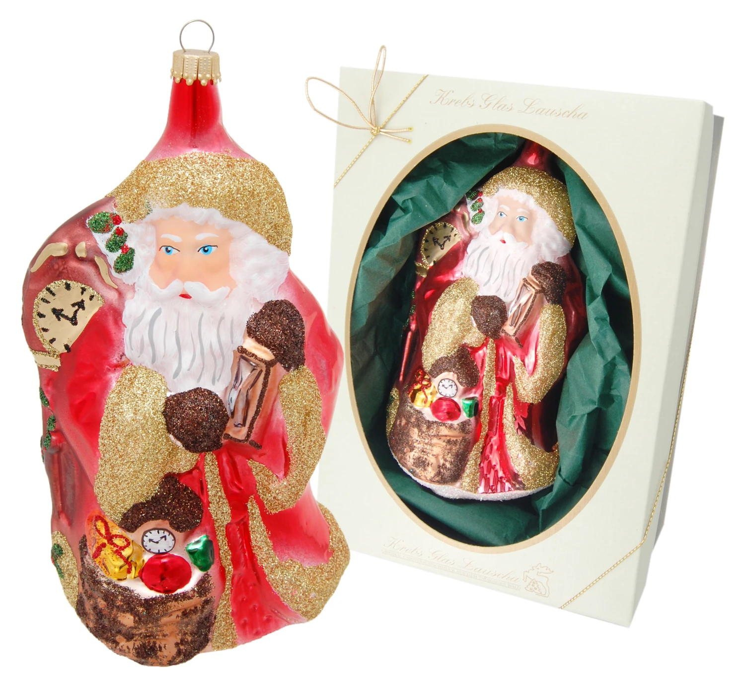 Krebs Glas Lauscha 18cm Weihnachtsmann mit Uhr aus Glas, 3 Krebs Glas Lauscha 18cm Weihnachtsmann mit Uhr aus Glas,