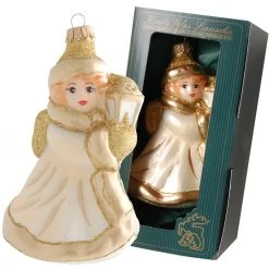 Krebs Glas Lauscha Beige/Gold 13cm Engel mit Laterne