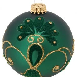 Krebs Glas Lauscha Glaskugel 8cm Tannengrün mit Blüten