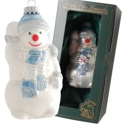 Krebs Glas Lauscha Weiß/Blau 11cm Schneemann, Schal & Mütze