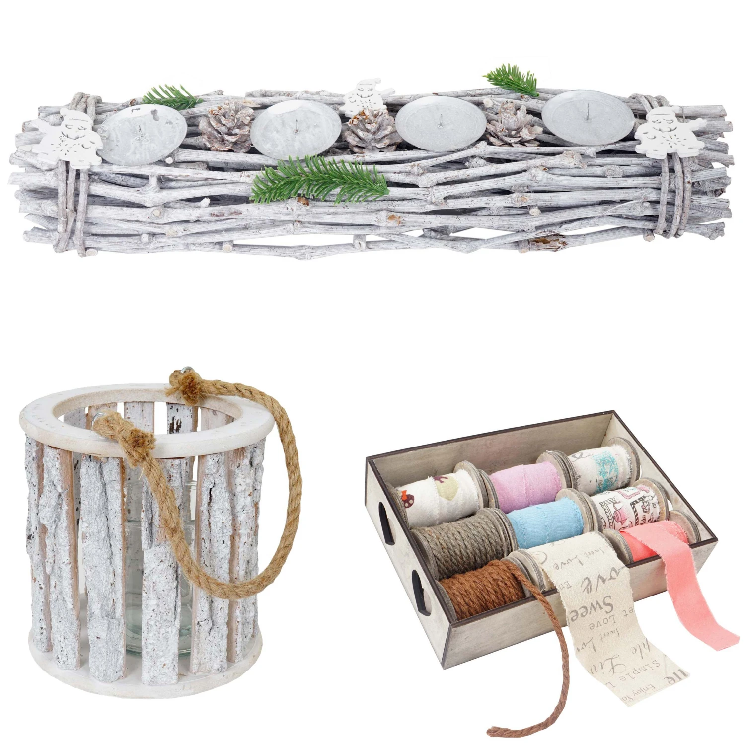 HWC Windlicht + Bänder + Gesteck (3er Set) - Standard 3 HWC Windlicht + Bänder + Gesteck (3er Set) - Standard