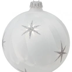 Krebs Glas Lauscha Eislack weiß 8cm Glaskugel mit Sternen